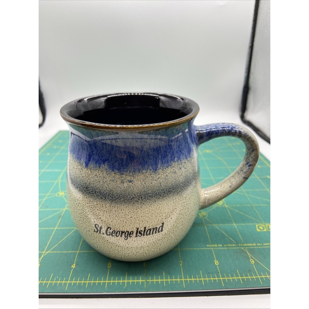 St. George Island Large Drip Brushed Glazed Coffee Tea Mug Blue Beige Brown‎